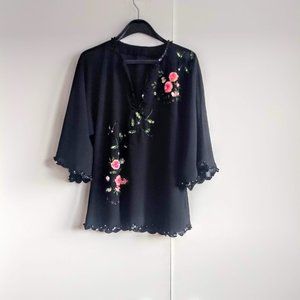 vintage 80s sequin beaded sheer floral top EUC